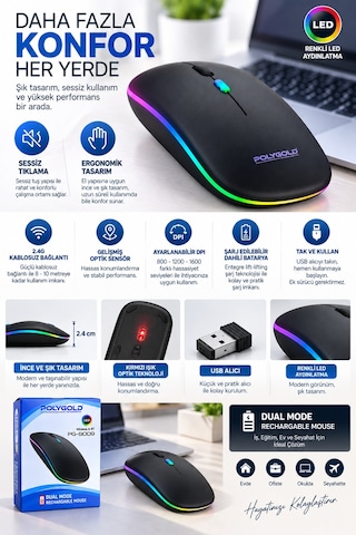 Kablosuz Şarjlı Sessiz Tıklamalı Ergonomik Mouse Mi