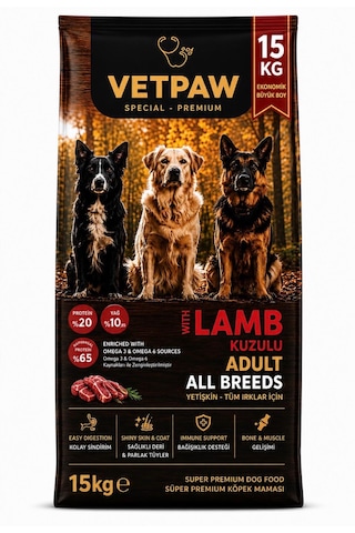 Vetpaw Kuzu Etli Yetişkin Köpek Maması Yüksek Proteinli Premium Kuru Mama 15 KG