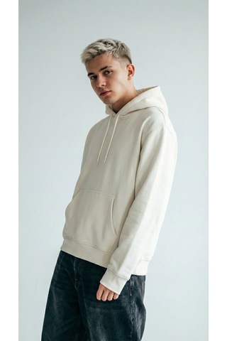 Hoxie Unisex Rahat Kesim Pamuklu Yumuşak Dokulu İçi Polarlı Basic Desenli Kapüşonlu Sweatshirt Ekru