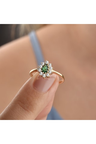 14 Ayar Mikron Altın Kaplama Zümrüt Yeşili Taşlı Damla Halo Yüzük Vintage Stil - Rs00117 Altın