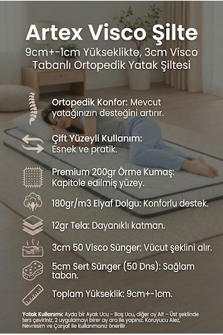 Artex Visco Şilte Yer Yatağı Nano 9 +-1cm Cm Ped Yatak Şiltesi Pedi Topper Mattress Çift Kişilik