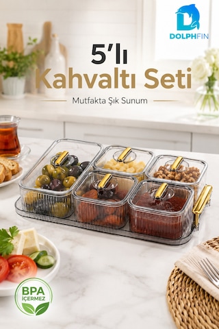 5 Li Kapaklı Kahvaltılık Seti Şeffaf Gold Kulplu Sunum Tepsili Bpa İçermez Seffaf