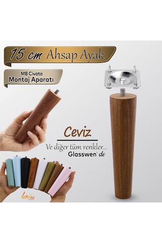 Ahşap Ayak 15 Cm Ceviz M8 Civatalı Bağlantı Aparatlı Dolap Mobilya Koltuk Kanepe Destek Ayağı Ayakları Ceviz