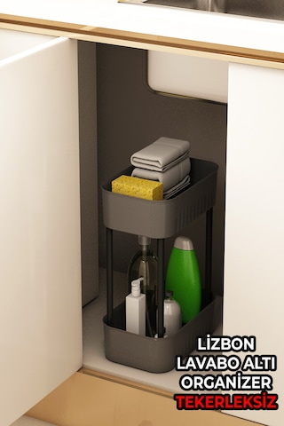 Lizbon Çok Amaçlı 2 Katlı Banyo Organizer Düzenleyici Dolap Içi Tezgah Altı Tekerleksiz Organizer Gri