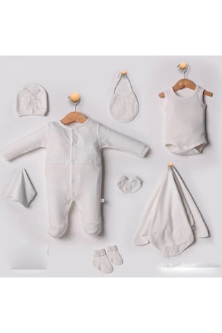 Dantel İşlemeli 10 Parça Yeni Doğan Hastane Seti %100 Pamuk Beyaz