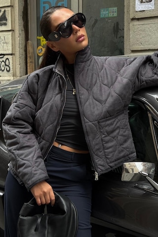 Füme Dik Yaka Kapitone Kadın Mont Mg2568 Füme