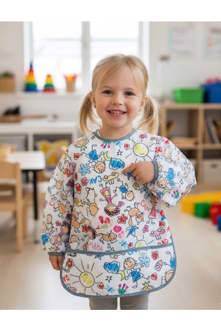 Yorni 3-5 Yaş Family, Arkadan Bağcıklı, Sıvı Geçirmez, Cepli, Makinede Yıkanabilir, Uzun Kollu Bebek Çocuk Mama Önlüğü, Önlük Beyaz