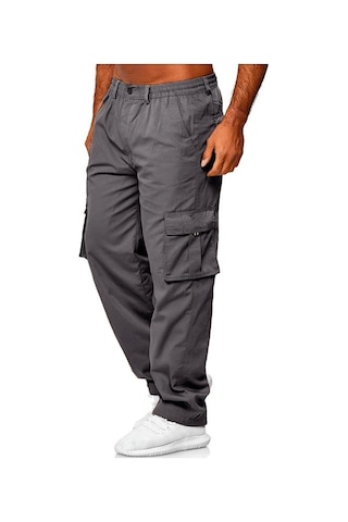 Erkek İlkbahar Ve Sonbahar Düz Paça Düz Renk Kargo Pantolon Günlük Çok Cepli Uzun Pantolon Bol Kesim Açık Hava Fitness Pantolonu Kot Mavisi