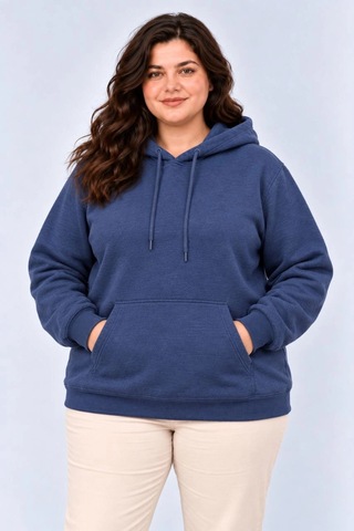 Moda Kadın Battal Büyük Beden Üç İplik İçi Şardonlu Kapüşonlu Kanguru Cepli Kışlık Sweatshirt - Lacivert Çok Renkli