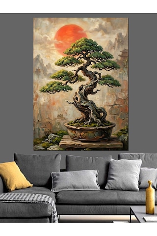 Saksıda Budanmış Küçük Bonsai Ağacı Dekoratif Kanvas - Mdf Ahşap Tablo
