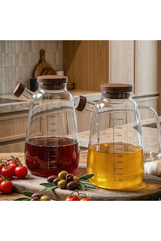 Porsima Lm-0109 Livra Kapaklı Borosilikat Cam 2li Yağlık Sirkelik Yağdanlık Seti 1000ml Şeffaf