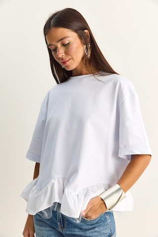 Shade Kadın Tül Detaylı Volanlı Oversize Basic T-shirt 8789 60286165 - Beyaz