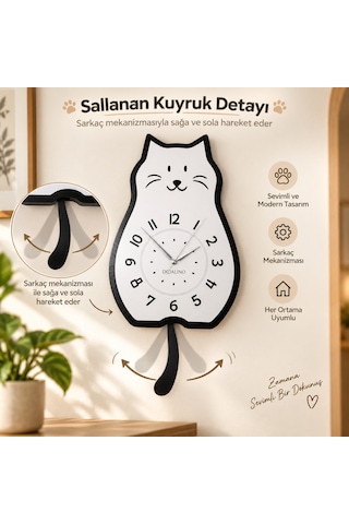 Doalino Sallanan Kuyruklu Kedi Figürlü Premium Ahşap Duvar Saati