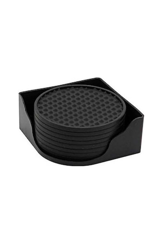 Novahub 8 Adet Siyah Silikon Bardak Altlığı Tutucuyla Kaymaz Yivli, Isıya Dayanıklı, Bulaşık Makinesinde Yıkanabilir Siyah