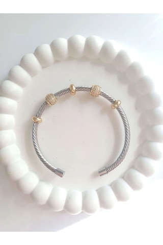 Çelik Gümüş Taşlı Kadın Kelepçe Bileklik Sevgiliye Hediye Gümüş