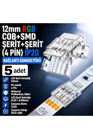 12mm Rgb Cob+smd Şerit Led Bağlantı Konnektörü 4 Pin Ip20 - 5 Adet