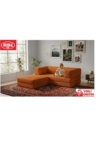 Herev 180x180 Cm 50 Dns Modüler Köşe Koltuk Fitilli Kadife Kumaş, Yatak Olabilen, Modern Tasarım Şark Köşe Turuncu