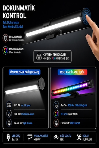 Dokunmatik Monitör Üstü Led Aydınlatma Rgb Ambiyans & 3 Renk Işık Ayarlanabilir