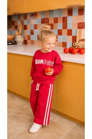 Elzo Collection Kız Çocuk Sunday Üst Baskılı Sweatshirt 3 İplik Kumaş Alt Üst Takım Kırmızı - Beyaz