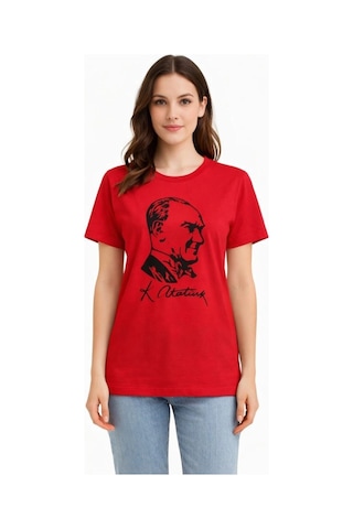 Wear Vexel Kadın Atatürk Baskılı Tişört Kısa Kollu Bisiklet Yaka T-shirt - Kırmızı Kırmızı