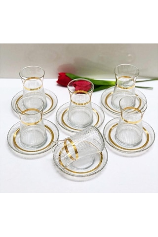 Elta Collection Handmade Gold Işlemeli 6 Kişilik Çay Seti Gold