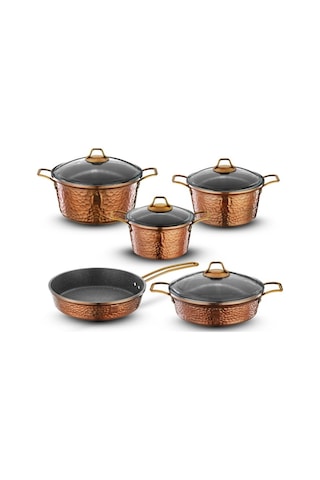 Brioni Copper 9 Parça Yanmaz Yapışmaz Bakır Görünümlü Granit Tencere Seti Bakır