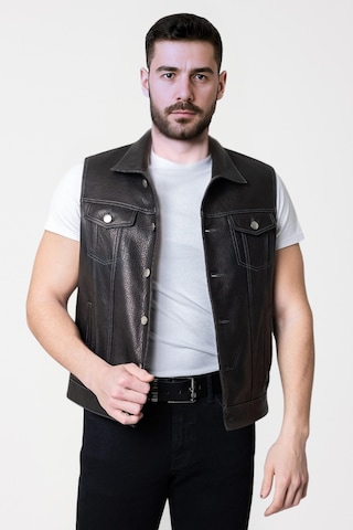 Derije Arthur Hakiki Jumbo Deri Erkek Siyah Biker Motorcu Tarzı Yelek