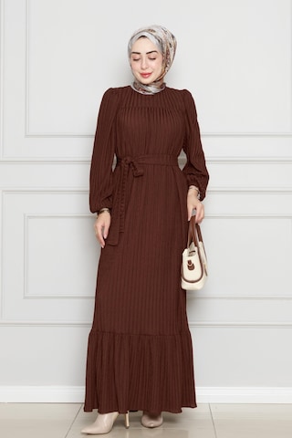 Sevitli Robalı Sahra Tesettür Elbise-kahverengi-4589 Kahverengi