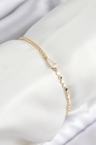 Pirinç Zirkon Taşlı Damla Model Ezme Zincir Gold Renk Kadın Bileklik Renkli