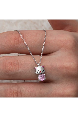 Blackcraft Gümüş Pembe Taşlı Sevimli Kedi Kadın Kolye Renkli