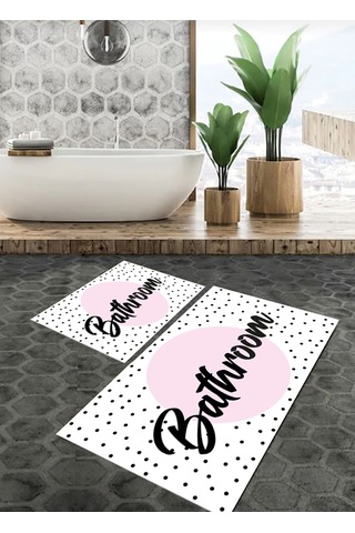 Bathroom Yazılı Banyo Paspası, Dekoratif Paspas, Yıkanabilir, Beyaz