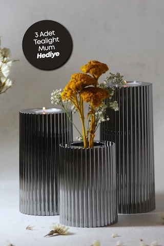 3 Lü Füme Krom Tırtıklı Yüzey Mumluk Dekoratif Tealight Set Mum
