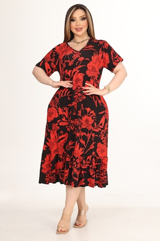Melsay Butik Göğüsten Robalı V Yaka Kısa Kollu Kırmızı Palmiye Desenli Cepli Elbise Kırmızı