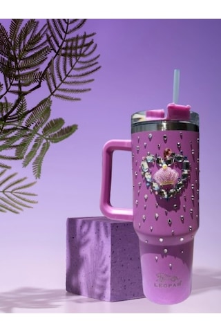 Pipetli 1,2 Litre Kulplu Çelik Termos Renkli Üzeri Taş İşlemeli - Lila Lila