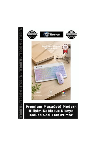 Premium Masaüstü Modern Bilişim Kablosuz Klavye Mouse Seti Tmk09 Mor