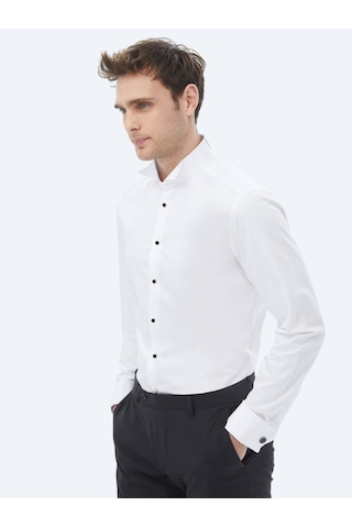 Kip Beyaz Düz Slim Fit Duble Manşet Smokin Gömlek