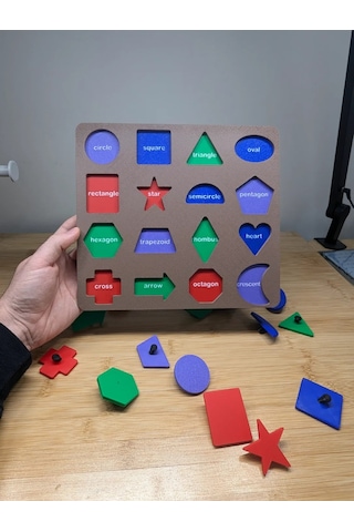 Bezos 3d Baskı İngilizce Etiketli Şekil Tanıma Puzzle Tahtası - 16 Geometrik Şekil, Bilişsel Gelişim Ve Kelime Öğrenme Seti Nıda