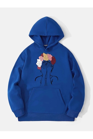 Unisex Colorful Hair Baskılı Kapüşonlu İçi Yumuşak Polarlı Oversize Sweatshirt - Saks Mavisi Saks Mavisi