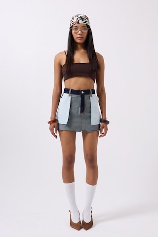 Ters Detay Denim Mini Etek Mavi