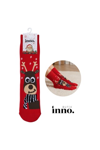 Inno Yılbaşı Desenli Noel Babalı Hediyelik Kraft Kutulu Çorap Tekli Bordo