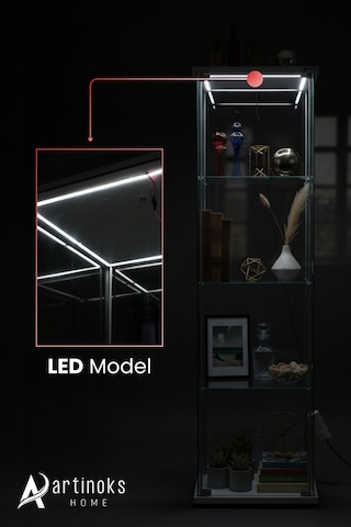 3 Raflı Ledli Cam Vitrin Gümüşlük Sergi Vitrini Kitaplık Büfe Beyaz