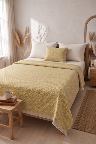 Dokuma Pike Çiftkişilik 200x220 Çok Amaçlı Bohem Yatak Örtüsü Hardal