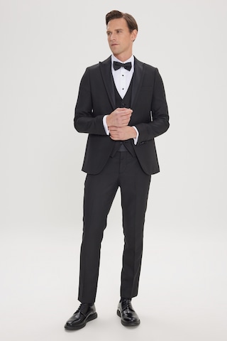 Ac&Co / Altınyıldız Classics Erkek Sıyah Slim Fit Dar Kesim Kırlangıç Yaka Balıksırtı Desenli Yelekli Smokin Takım Sıyah Siyah