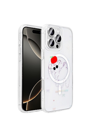 Techaks Apple Uyumlu iPhone 16 Pro Kılıf M-safe Şarj Özellikli Şeffaf Zore Folk Sert Kapak - Sevimli Köpek Beyaz