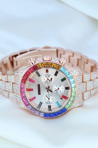 Clariss Trend Rose Metal Kordonlu Zirkon Taş Kaplama Renkli Taşlı Kasa Tasarımlı Lüx Kadın Kol Saati Diğer
