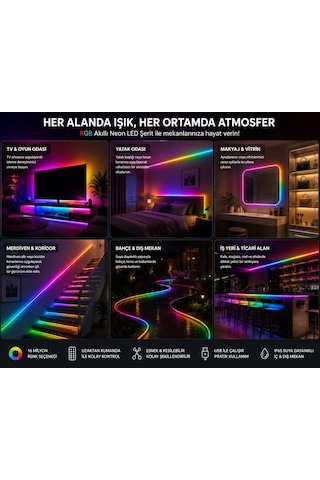 Cata Ct-4567 Rgb Akıllı Neon Led Şerit 5 Metre Kumandalı Renk Değiştiren Ip65 Suya Dayanıklı Led Işık 5 Metre Rengarenk