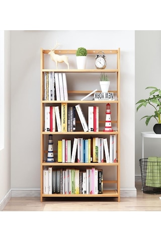 Valkyrie 5 Katlı Bambu Raf Kitaplık 60x23x128 Cm Çok Amaçlı Düzenleyici Dekoratif Organizer Kahverengi