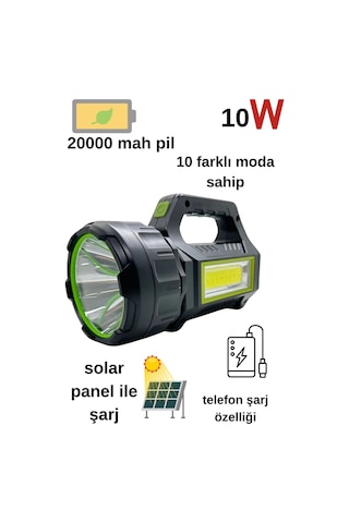 Ps-t95 10w Uzun Menzilli Solar Panelli Usb Çıkış S.o.s Lu Ultra Güçlü Ledli Şarjlı Feneri Siyah