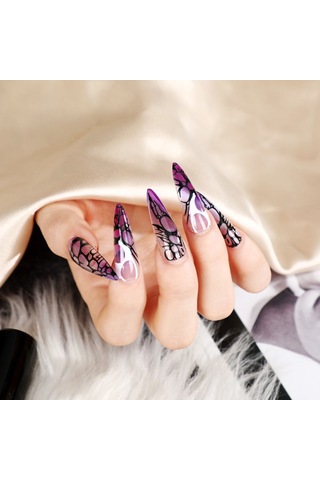 Uzun Sivri Uçlar Sahte Tırnak Örümcek Ağı Mor Yeniden Kullanılabilir Yapay Çivi Lady Beauty Nail Makyaj