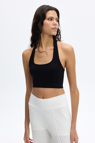 SubTone Boyundan Geçmeli Ribli Crop Top Siyah